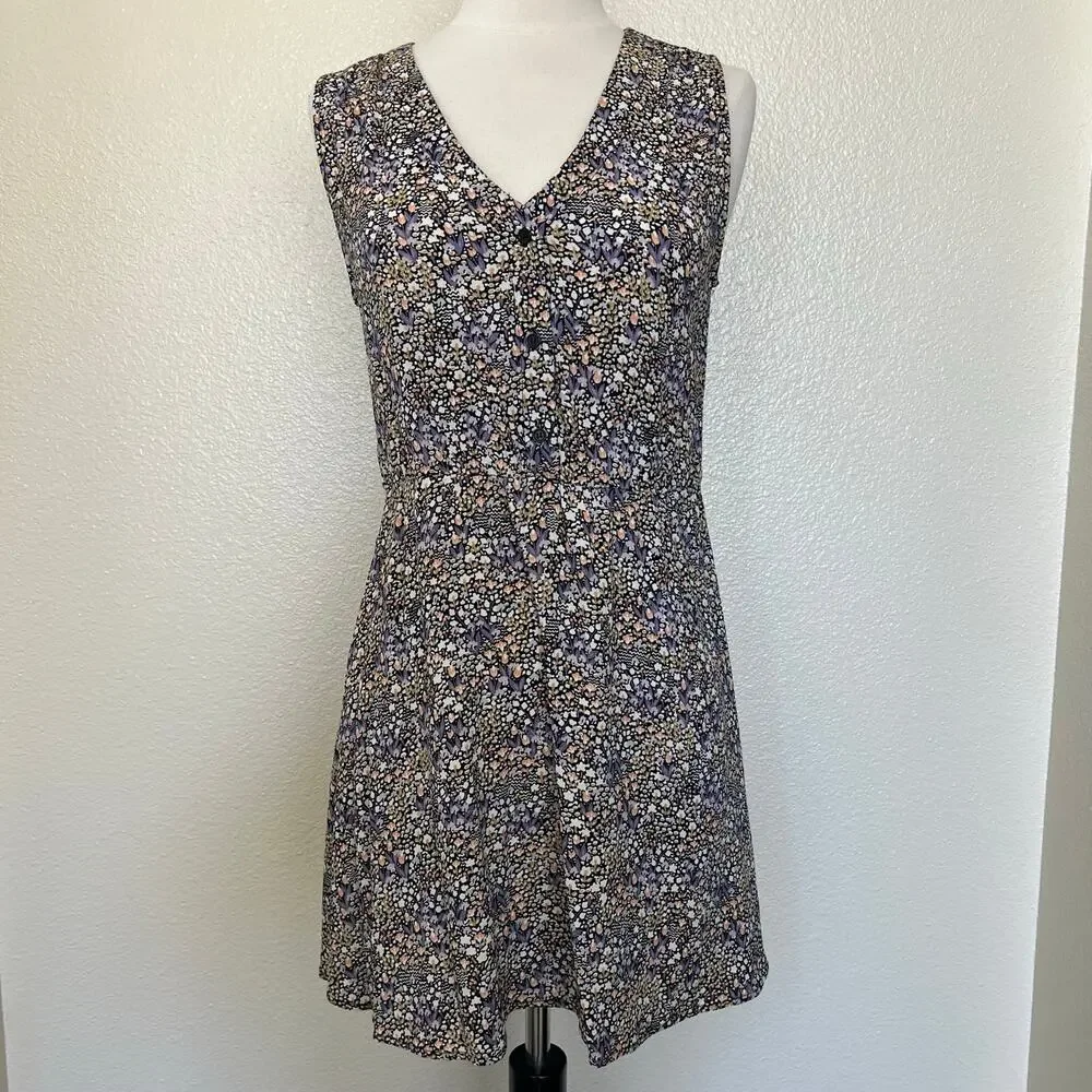& Other Stories ditsy floral print v neck mini dress button front tan purple